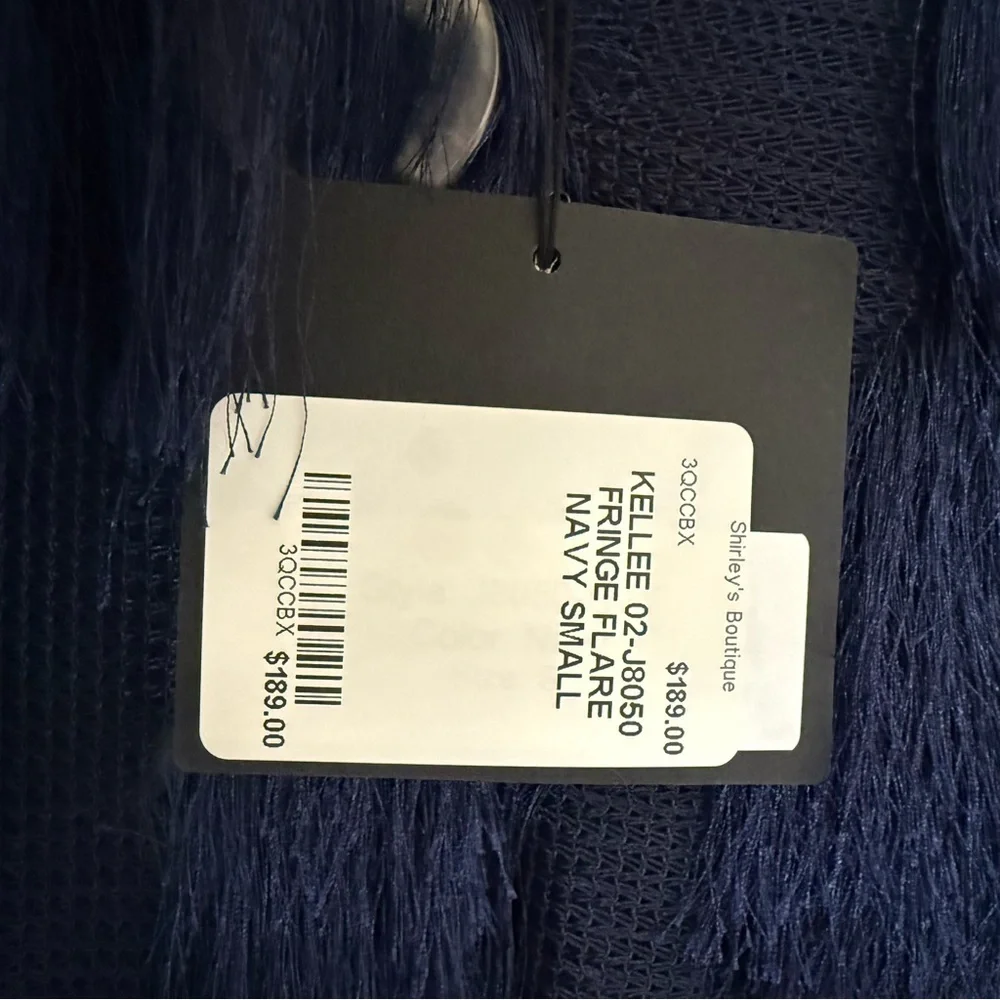 Kellee Womens‎ Small Navy Blue Fringe Flare 3/4 Sleeve Button Up Cardigan